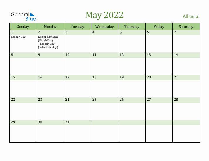 May 2022 Calendar with Albania Holidays