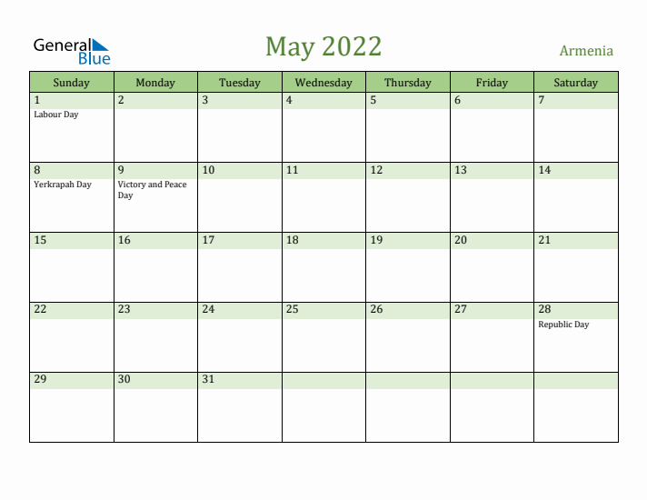 May 2022 Calendar with Armenia Holidays