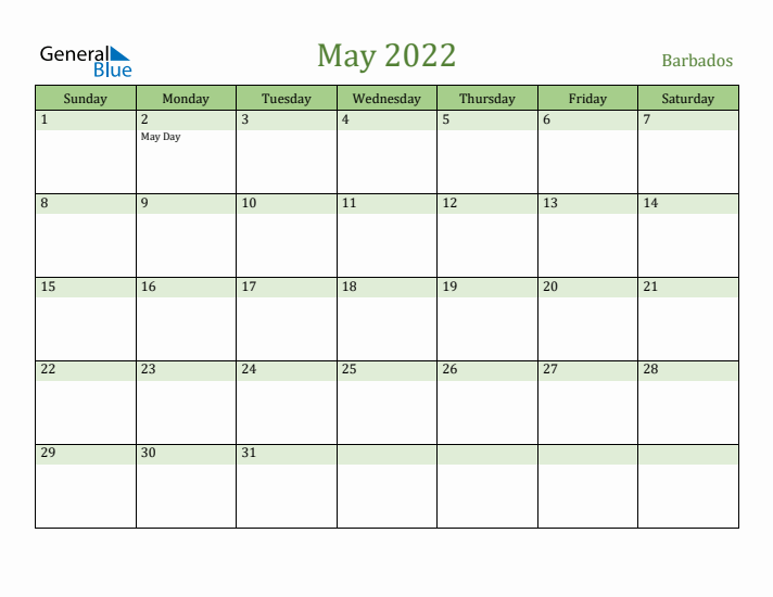 May 2022 Calendar with Barbados Holidays
