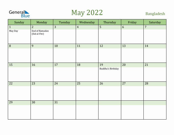 May 2022 Calendar with Bangladesh Holidays