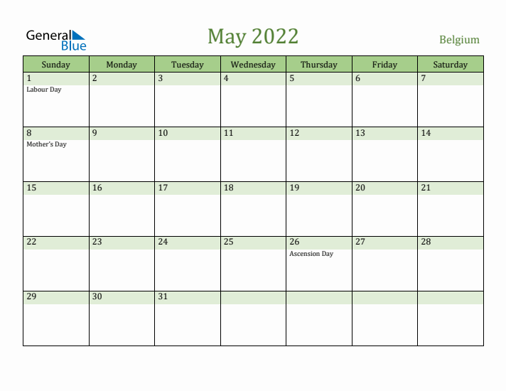 May 2022 Calendar with Belgium Holidays