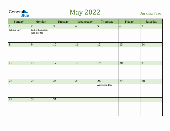 May 2022 Calendar with Burkina Faso Holidays