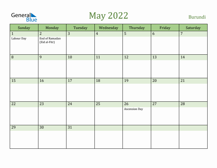 May 2022 Calendar with Burundi Holidays