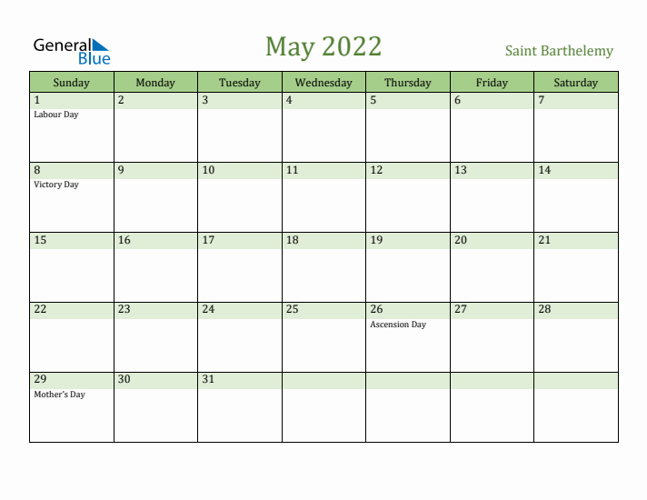 May 2022 Calendar with Saint Barthelemy Holidays