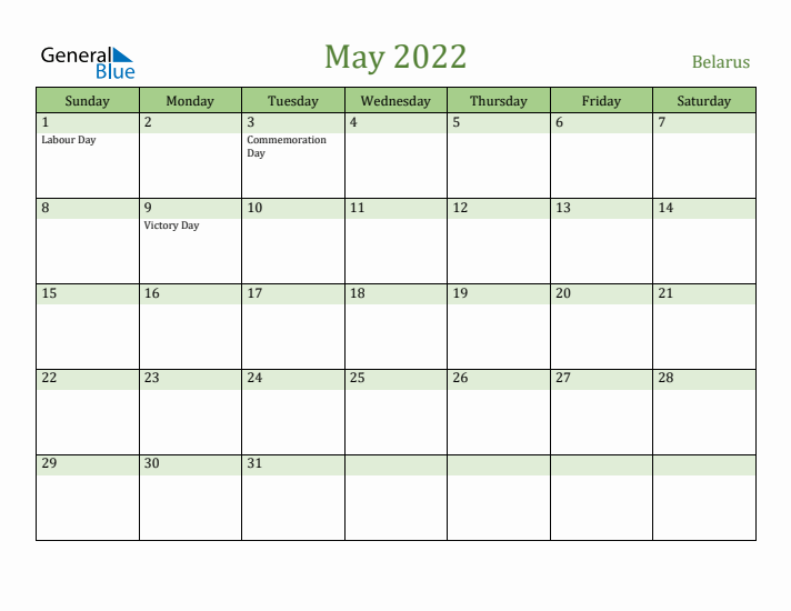 May 2022 Calendar with Belarus Holidays