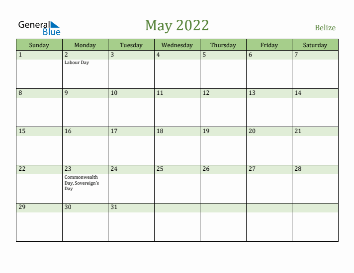 May 2022 Calendar with Belize Holidays
