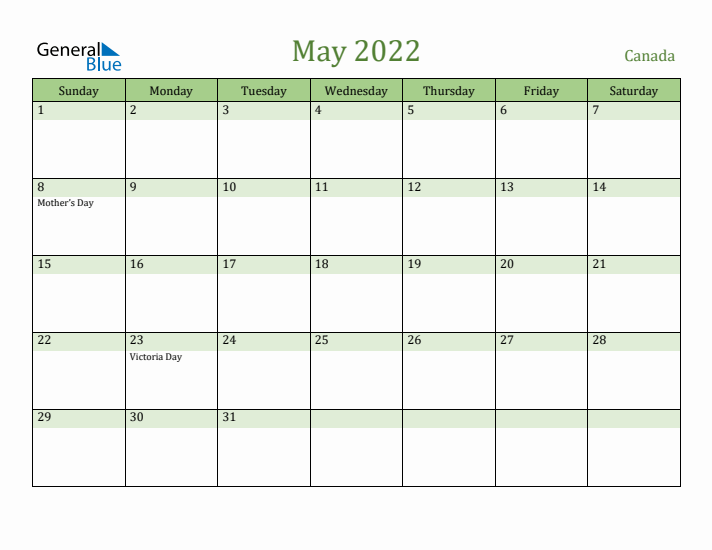 May 2022 Calendar with Canada Holidays