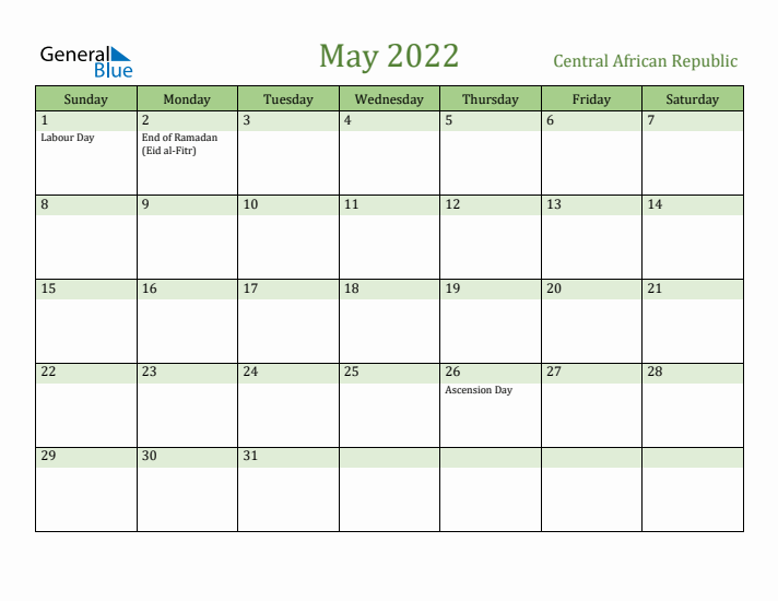 May 2022 Calendar with Central African Republic Holidays