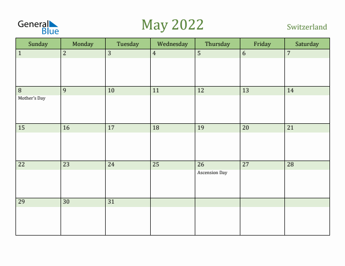 May 2022 Calendar with Switzerland Holidays