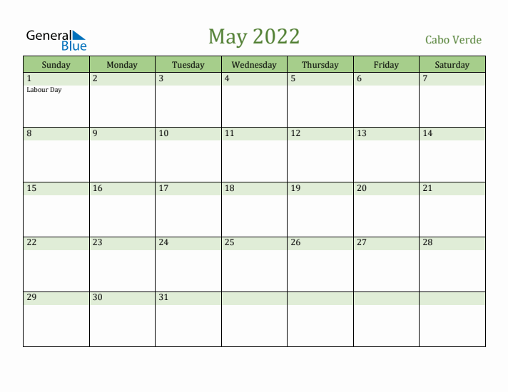 May 2022 Calendar with Cabo Verde Holidays