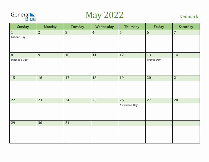 May 2022 Calendar with Denmark Holidays