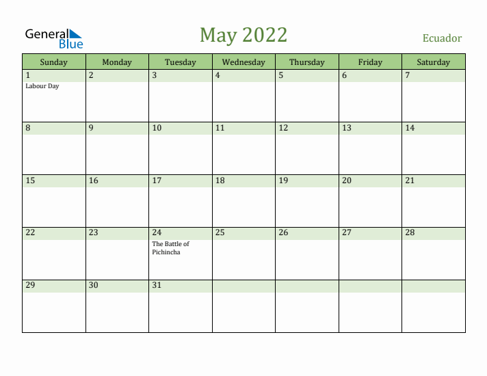 May 2022 Calendar with Ecuador Holidays