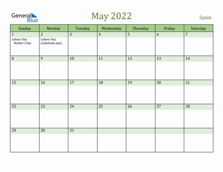 May 2022 Calendar with Spain Holidays