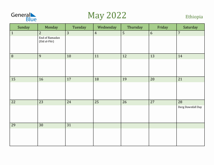 May 2022 Calendar with Ethiopia Holidays