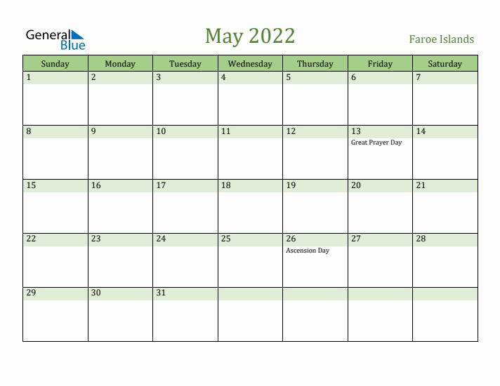 May 2022 Calendar with Faroe Islands Holidays