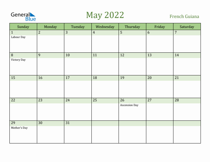 May 2022 Calendar with French Guiana Holidays