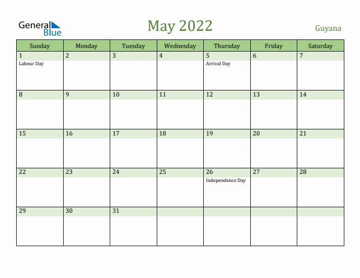 May 2022 Calendar with Guyana Holidays