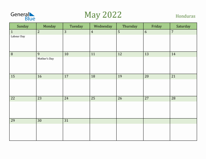 May 2022 Calendar with Honduras Holidays
