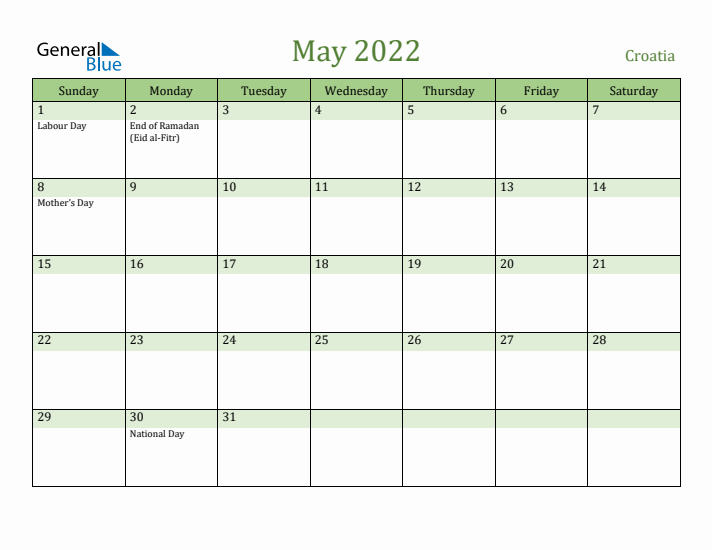May 2022 Calendar with Croatia Holidays