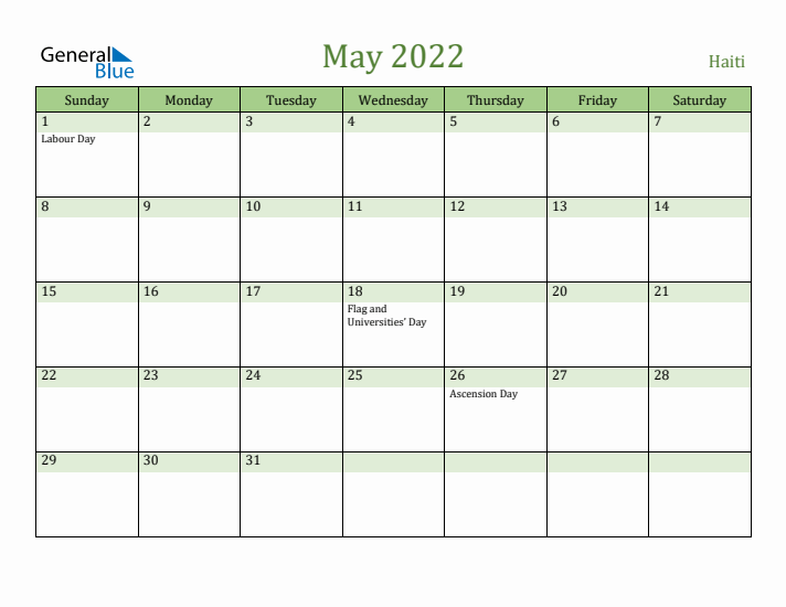 May 2022 Calendar with Haiti Holidays