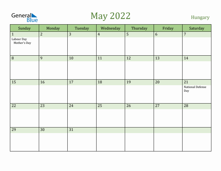 May 2022 Calendar with Hungary Holidays