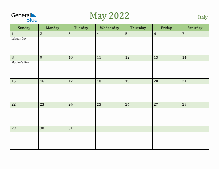 May 2022 Calendar with Italy Holidays