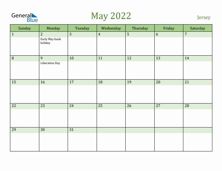 May 2022 Calendar with Jersey Holidays