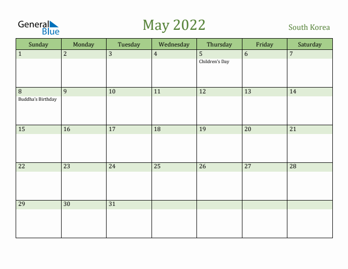 May 2022 Calendar with South Korea Holidays