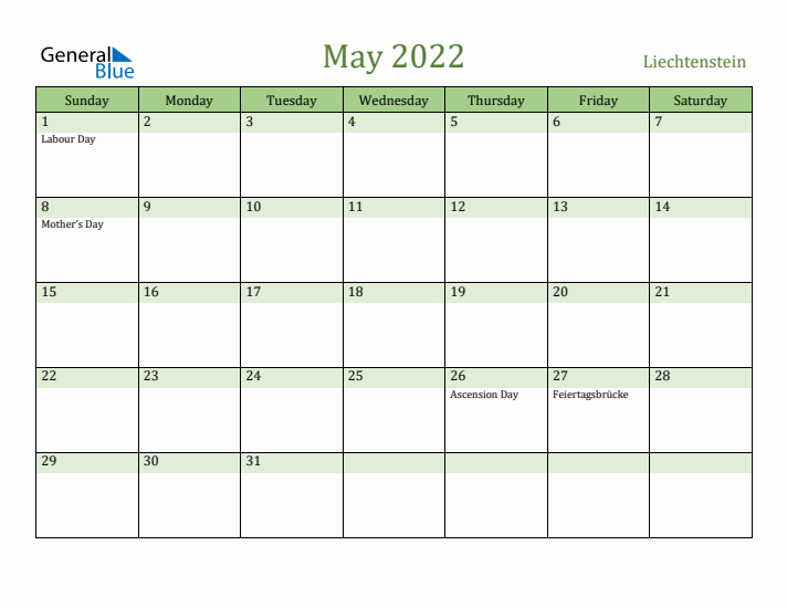 May 2022 Calendar with Liechtenstein Holidays