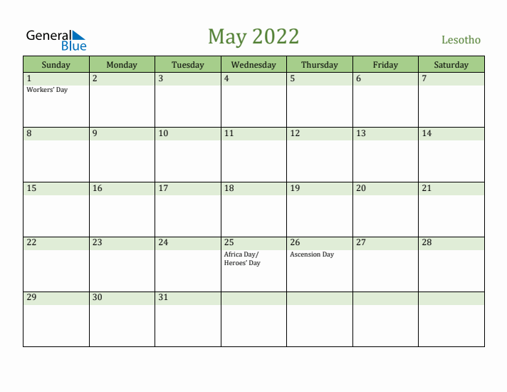 May 2022 Calendar with Lesotho Holidays