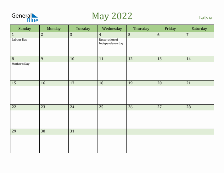 May 2022 Calendar with Latvia Holidays
