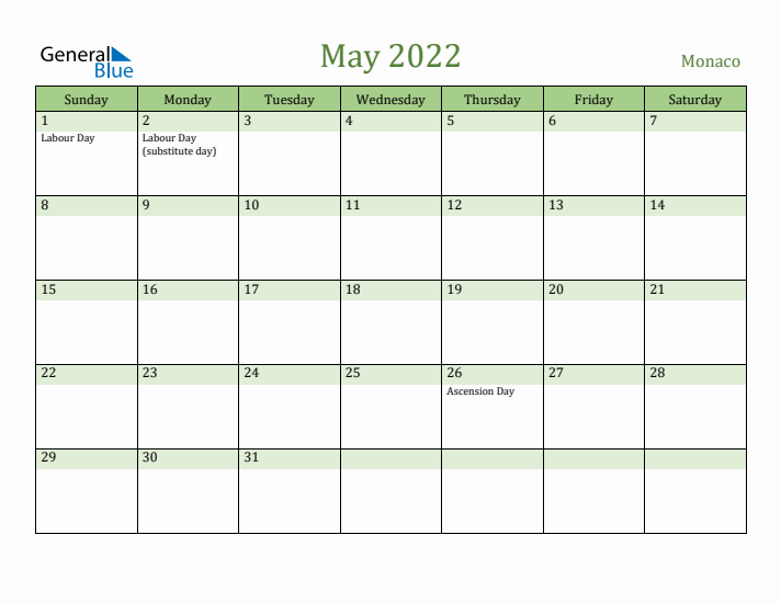 May 2022 Calendar with Monaco Holidays
