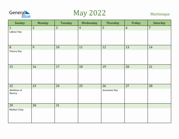 May 2022 Calendar with Martinique Holidays