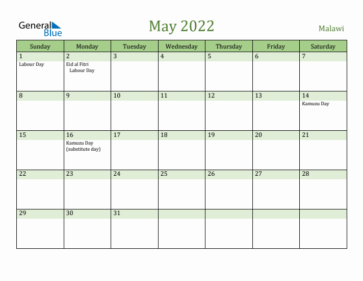 May 2022 Calendar with Malawi Holidays