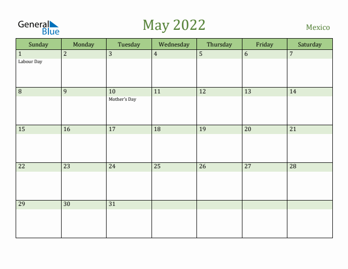 May 2022 Calendar with Mexico Holidays