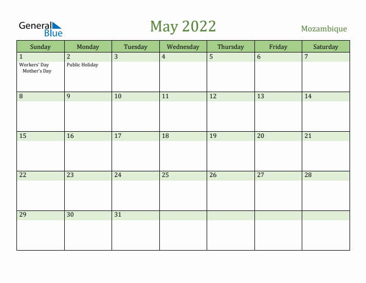 May 2022 Calendar with Mozambique Holidays