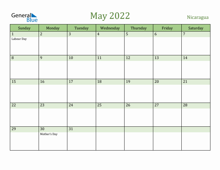 May 2022 Calendar with Nicaragua Holidays