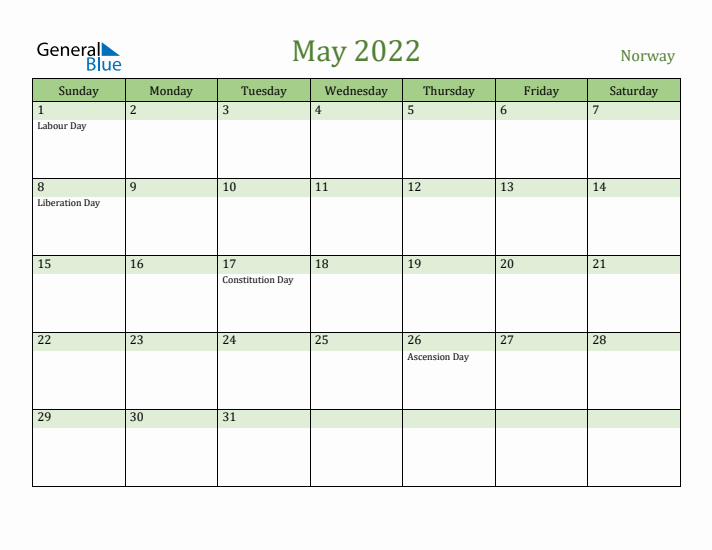 May 2022 Calendar with Norway Holidays