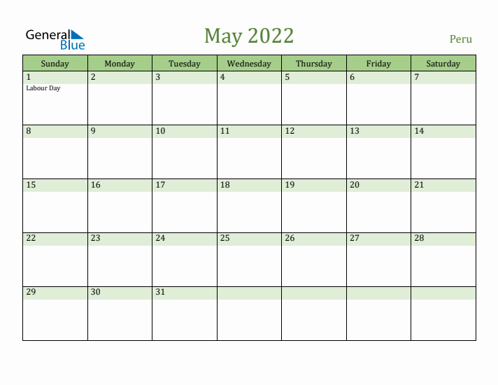 May 2022 Calendar with Peru Holidays