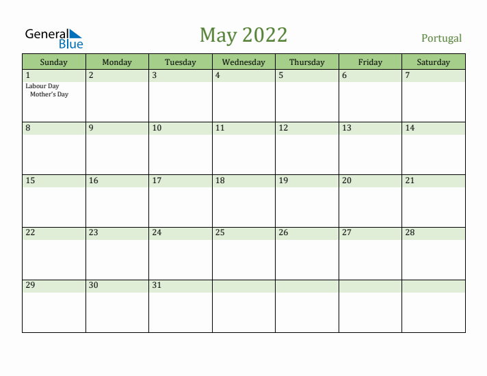May 2022 Calendar with Portugal Holidays