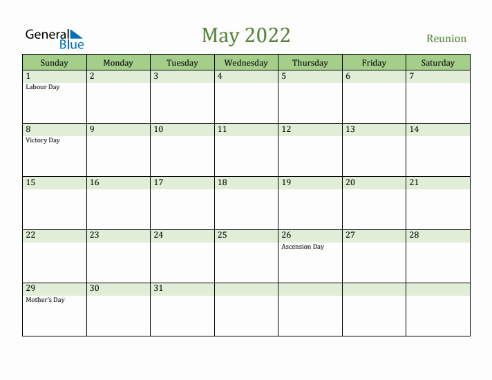 May 2022 Calendar with Reunion Holidays