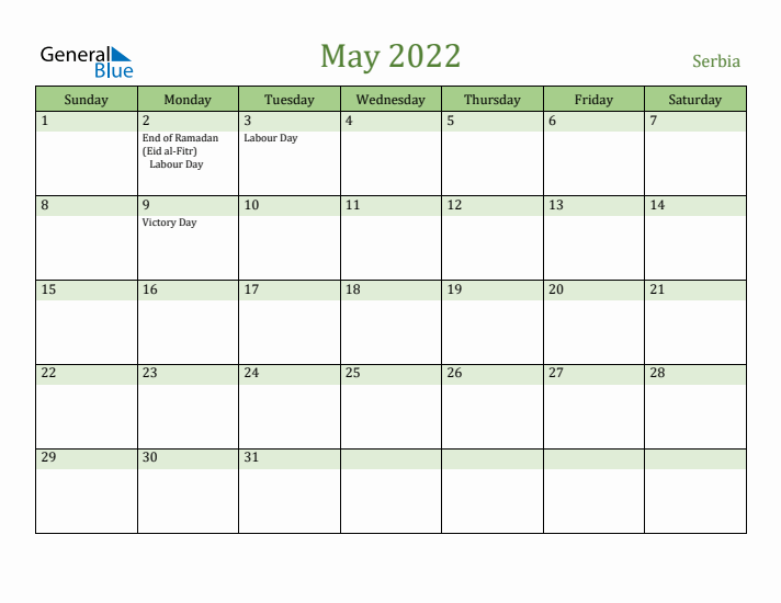 May 2022 Calendar with Serbia Holidays