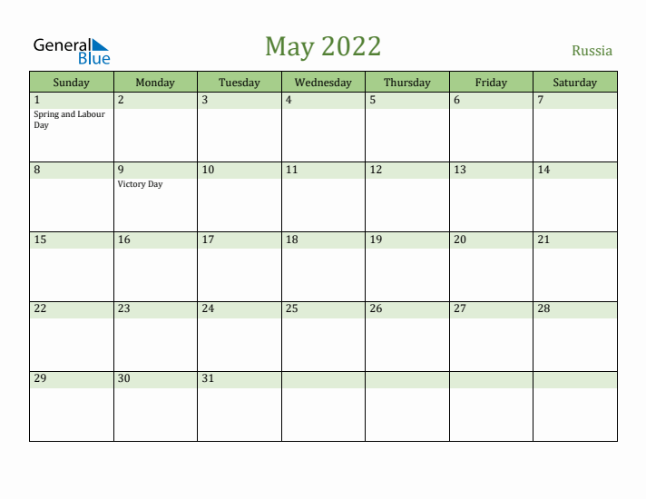 May 2022 Calendar with Russia Holidays