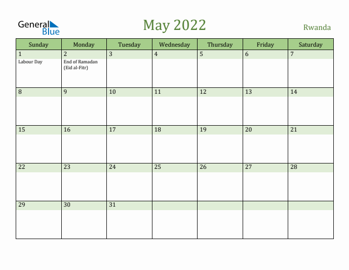 May 2022 Calendar with Rwanda Holidays