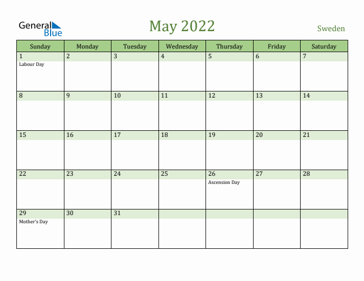 May 2022 Calendar with Sweden Holidays