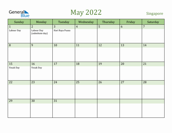 May 2022 Calendar with Singapore Holidays