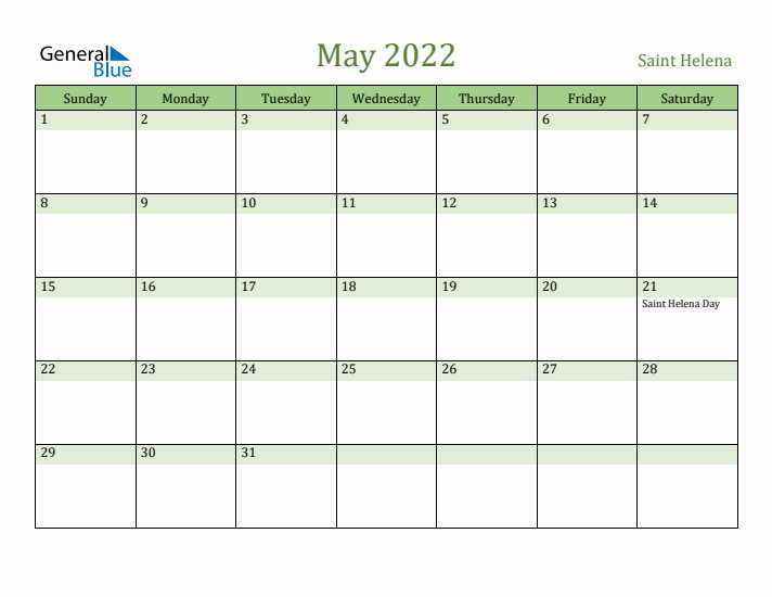 May 2022 Calendar with Saint Helena Holidays