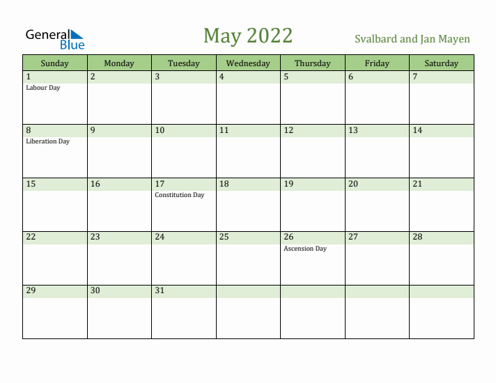 May 2022 Calendar with Svalbard and Jan Mayen Holidays