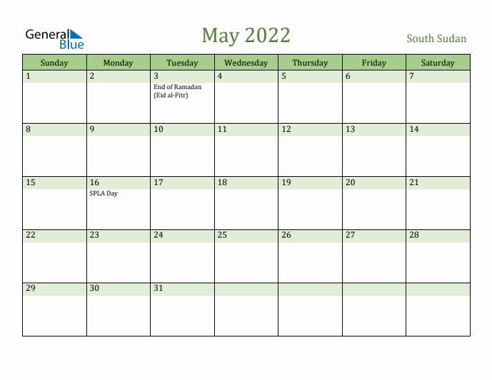 May 2022 Calendar with South Sudan Holidays