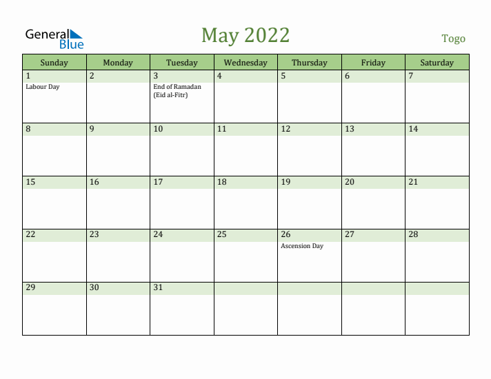 May 2022 Calendar with Togo Holidays